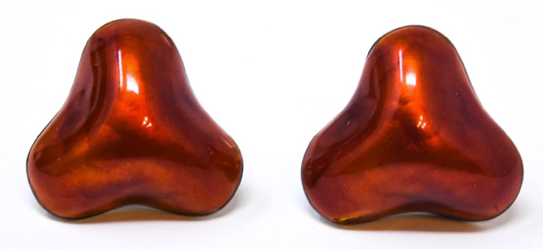Vintage Sterling Silver & Red Enamel Earrings: Vintage Sterling Silver & Red Enamel Earrings. Modernist Scandinavian sterling silver and enamel earrings. Each measures 7/8 of an inch in length.