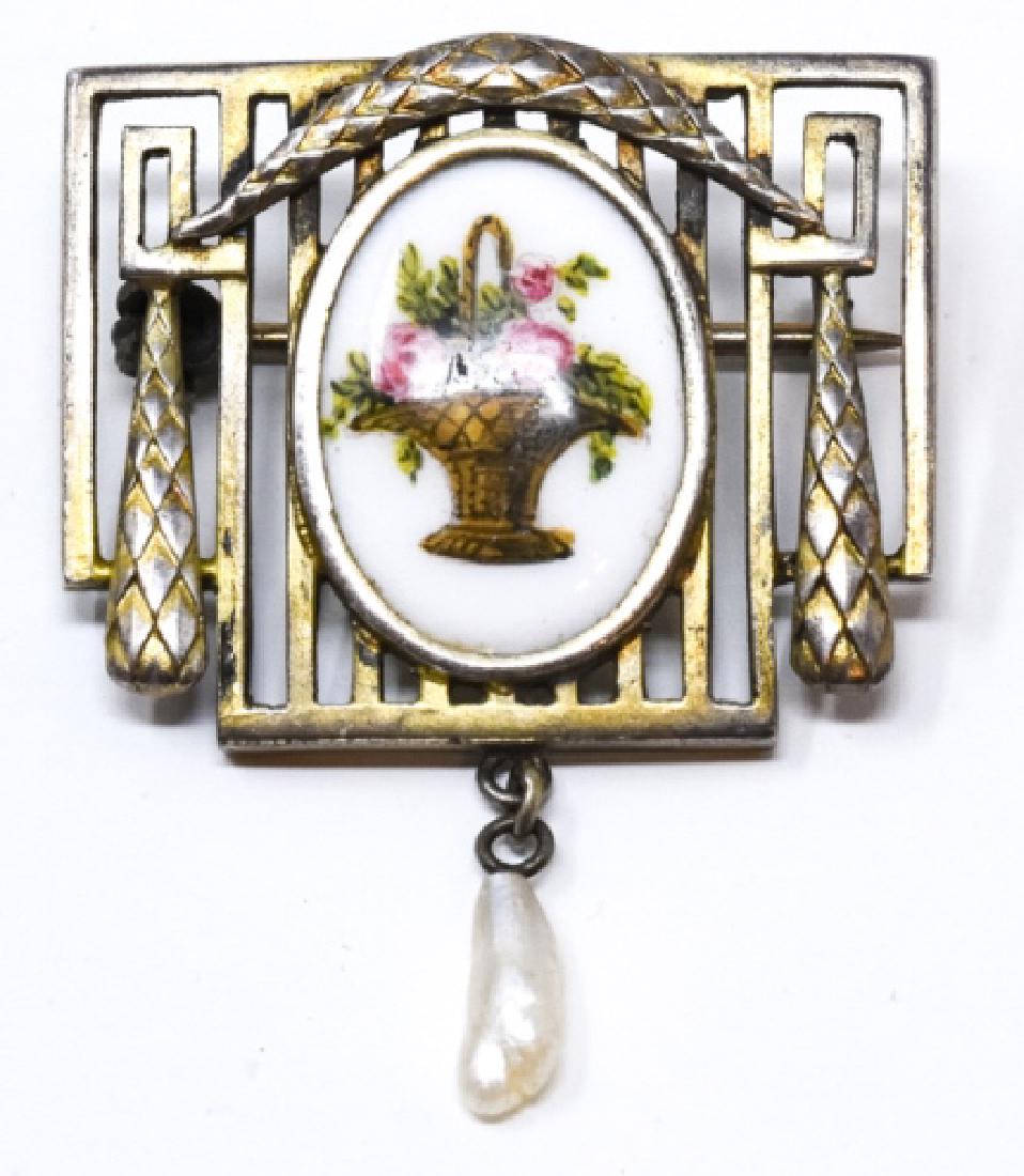 Antique Fahrner Germany Sterling & Enamel Brooch: Antique Fahrner Germany Sterling & Enamel Brooch. With baroque seed pearl. Measures 1.5 inches in length, hallmarked on back.