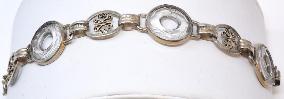 Antique Art Deco Carved Crystal & Silver Bracelet: Antique Art Deco Carved Crystal & Silver Bracelet. Measures 7.25 inches in length. Circa 1920.