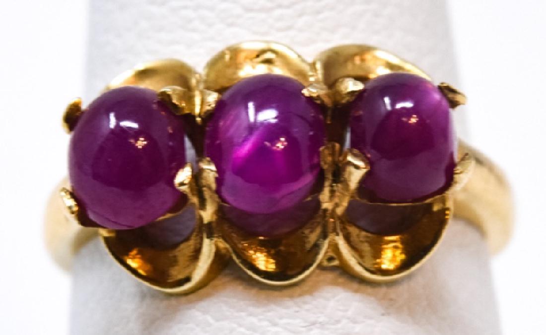 Antique 14kt Yellow Gold No Heat Burmese Rubies: Antique 14kt Yellow Gold No Heat Burmese Rubies. Three natural no heat Burmese cabochon rubies. Ring size 5.5 can be resized.