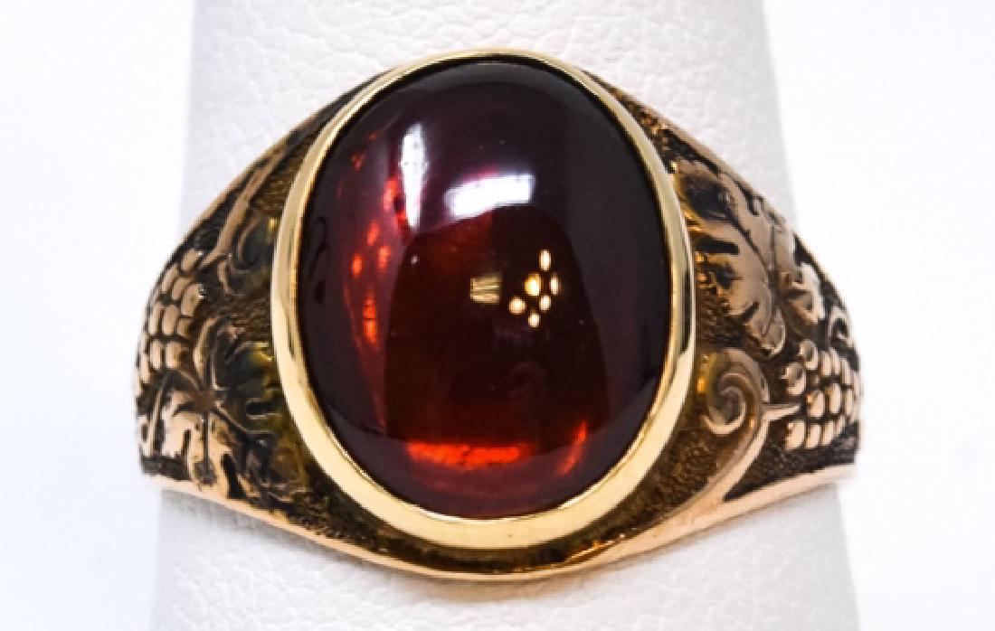 Estate 19th C 14kt Yellow Gold & Garnet Ring: Estate 19th C 14kt Yellow Gold & Garnet Ring. Grape cluster and leaf design. Ring size 9 can be resized.