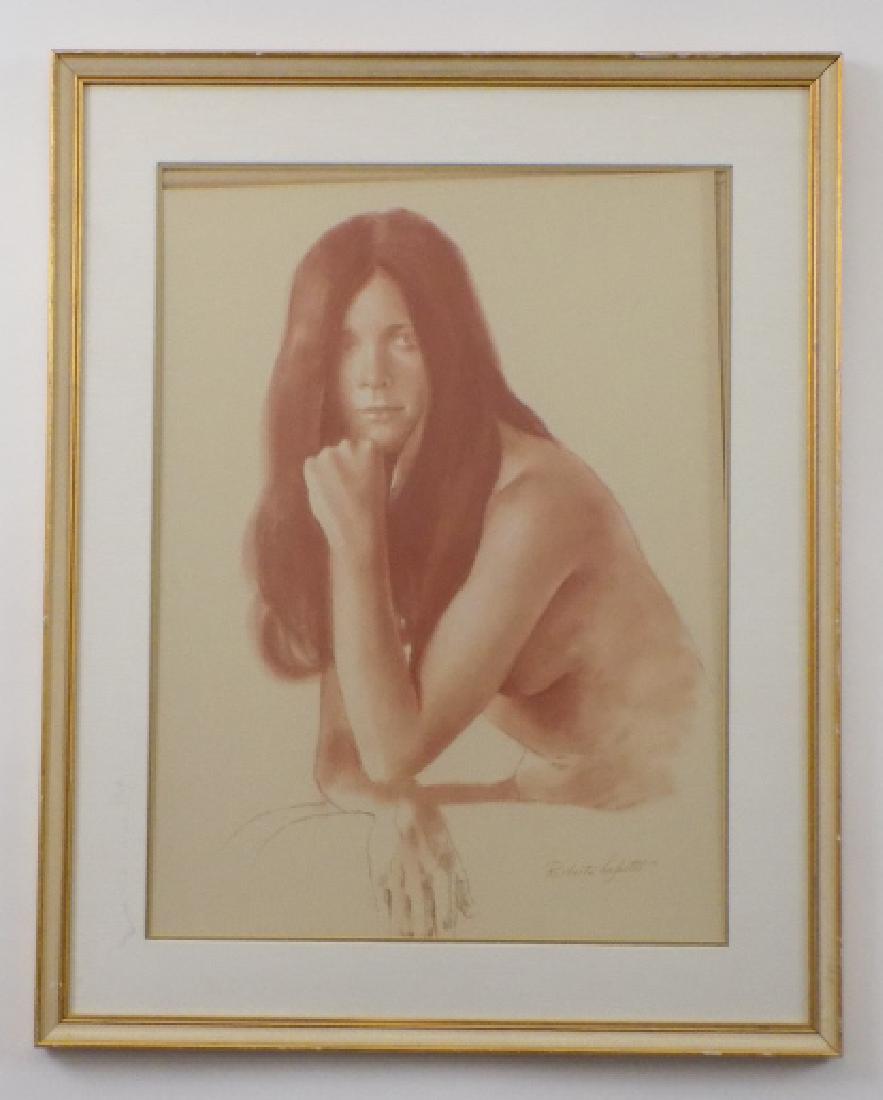 Roberto Lupetti Female Nude Sanguine Drawing Print: Roberto Lupetti Female Nude Sanguine Drawing Print. Professionally matted and framed. Frame measures 29.5 inches x 23.5 inches.