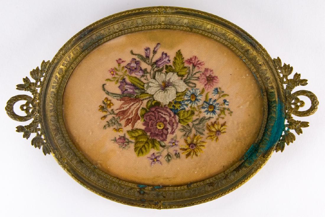 Antique French Empire Ormolu & Tapestry Tray: Antique French Empire Ormolu & Tapestry Tray. Needlepoint tapestry under glass. Measures 11.5 x 7.75 inches.