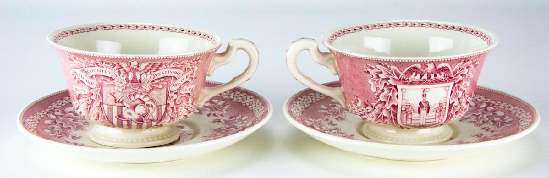 Pair Antique Wedgwood West Point Cups & Saucers: Pair Antique Wedgwood West Point Cups & Saucers. Pair of west point military academy wedgwood cups and saucers. Each saucer measures 6 inches in diameter.