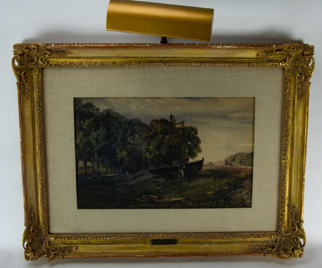 After John Constable "The Boat Builder" Painting: After John Constable "The Boat Builder" Painting. Painting depicting a man building a boat among a wooded landscape. Signed "JC" Frame measures 20 inches x 27 inches without lamp.