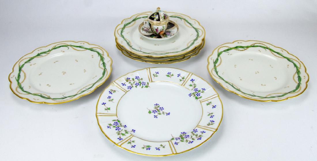 Collection Porcelain Serve Ware Items Incl Limoges: Collection Porcelain Serve Ware Items Incl Limoges. This lot includes five porcelain dinner plates with a green and gilt floral patterns, one lidded teacup and saucer with a French Rococo design, and 