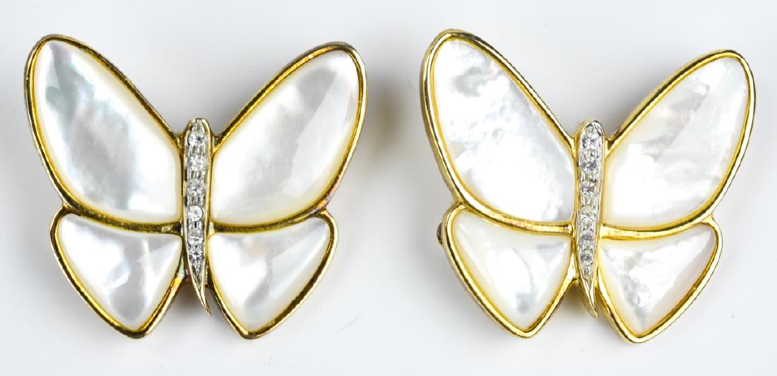 2 Sterling Vermeil Mother of Pearl Butterfly Pins: 2 Sterling Vermeil Mother of Pearl Butterfly Pins. Matching set with paste decoration. Approximately 1.5” x 1.375” each.