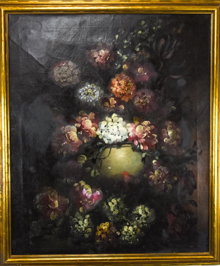 Antique German Oil Painting of a Floral Still Life: Antique German Oil Painting of a Floral Still Life. This oil on stretched canvas painting features a floral still life scene and is framed in a gilt frame. Frame measures 33 inches x 28 inches.