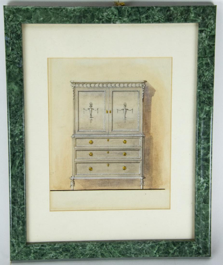 Antique 19th C English Design Watercolor Painting: Antique 19th C English Design Watercolor Painting. Interior design illustration of an English cabinet, Adam style. Framed and matted. Measures 15.5 x 12.5 inches.