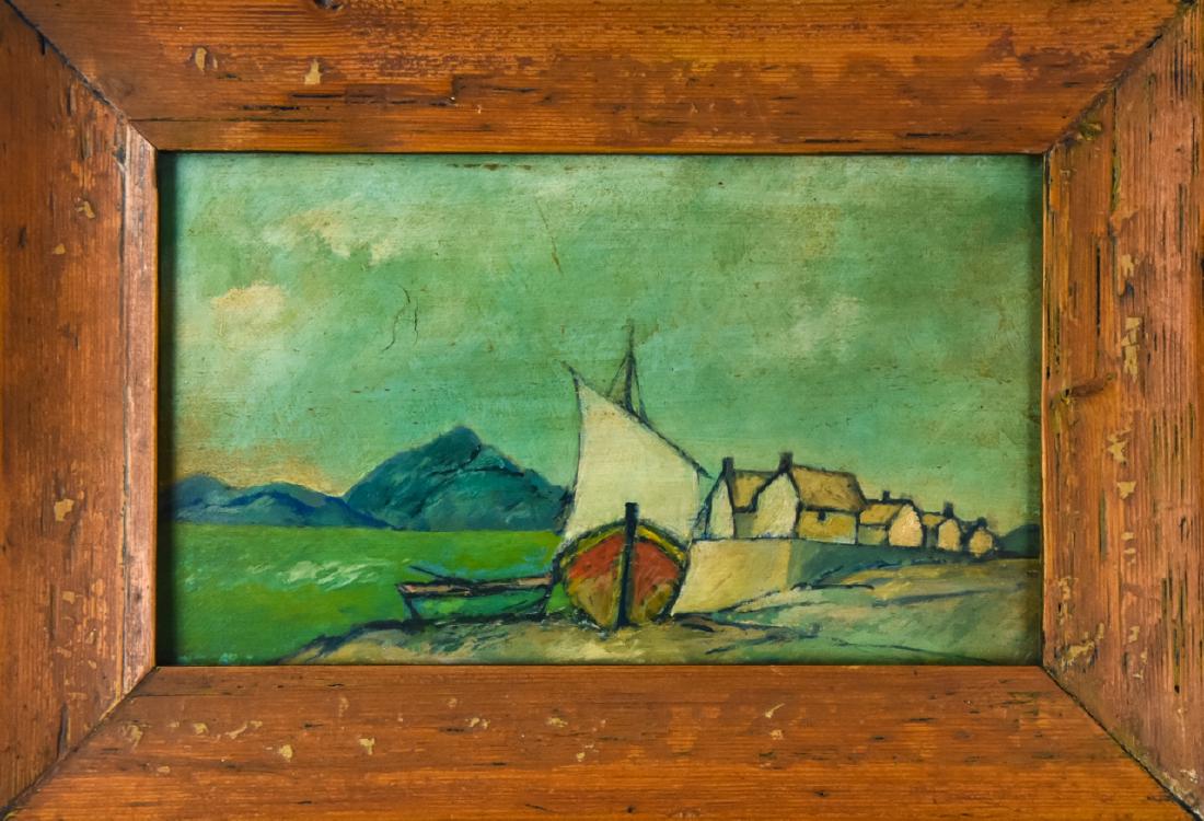 Oil on Board Painting of Ships & Harbor: Oil on Board Painting of Ships & Harbor. Oil painting on board depicting a ship at harbor. Framed in a hand made wooden frame. Frame measures 8.5 inches x 12.25 inches.