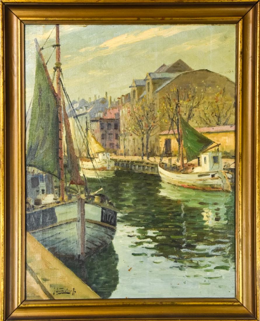 Signed European Harbor Scene Oil Painting (1 of 9)