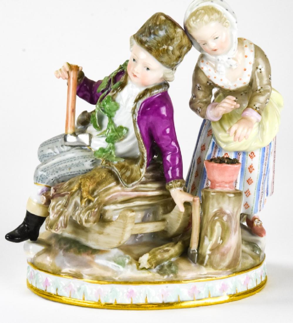 Meissen Porcelain Children Wood Cutting Statue: Meissen Porcelain Children Wood Cutting Statue. Porcelain hand painted statue of a boy and girl out wood cutting on an oval base. Bears the blue crossed sword mark on bottom and is incised G. 94 and 1