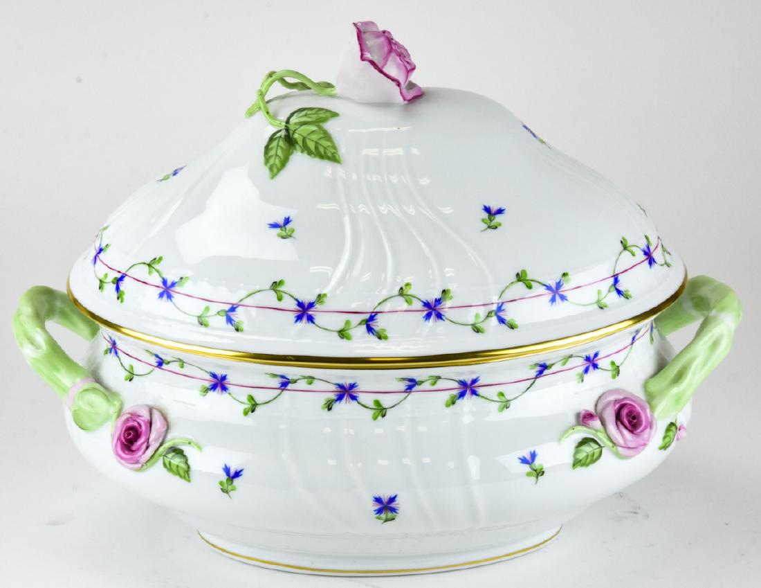 Herend Porcelain Blue Garland Covered Tureen: Herend Porcelain Blue Garland Covered Tureen. Large porcelain covered tureen with hand painted blue garland and floral motif, featuring figural porcelain rose details. Marked for Herend Hungary. Measu