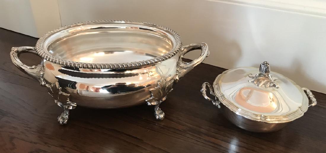 Christofle Tureen & Silver Plate Tureen Base: Christofle Tureen & Silver Plate Tureen Base. Larger measures 15.5 inches in length. Property of a Greenwich, Connecticut estate.