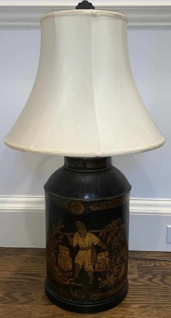Antique Chinese Tole Tea Canister Table Lamp: Antique Chinese Tole Tea Canister Table Lamp. Measures 32 inches x 18 inches in diameter. Property of a Greenwich, Connecticut estate.