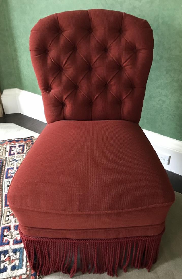 Custom Upholstered Tufted Back Red Slipper Chair: Custom Upholstered Tufted Back Red Slipper Chair. Measures 33 x 22 x 22 inches. Property of a Greenwich, Connecticut estate.