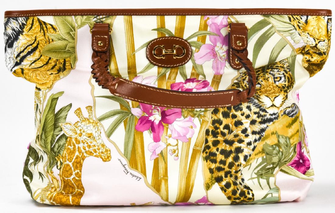 Salvatore Ferragamo Jungle Print Tote Bag: Salvatore Ferragamo Jungle Print Tote Bag. Jungle print leather exterior with animals, bamboo and flowers. Gold tone hardware and leather trim / straps. Includes dust bag. Measures approximately 10 in