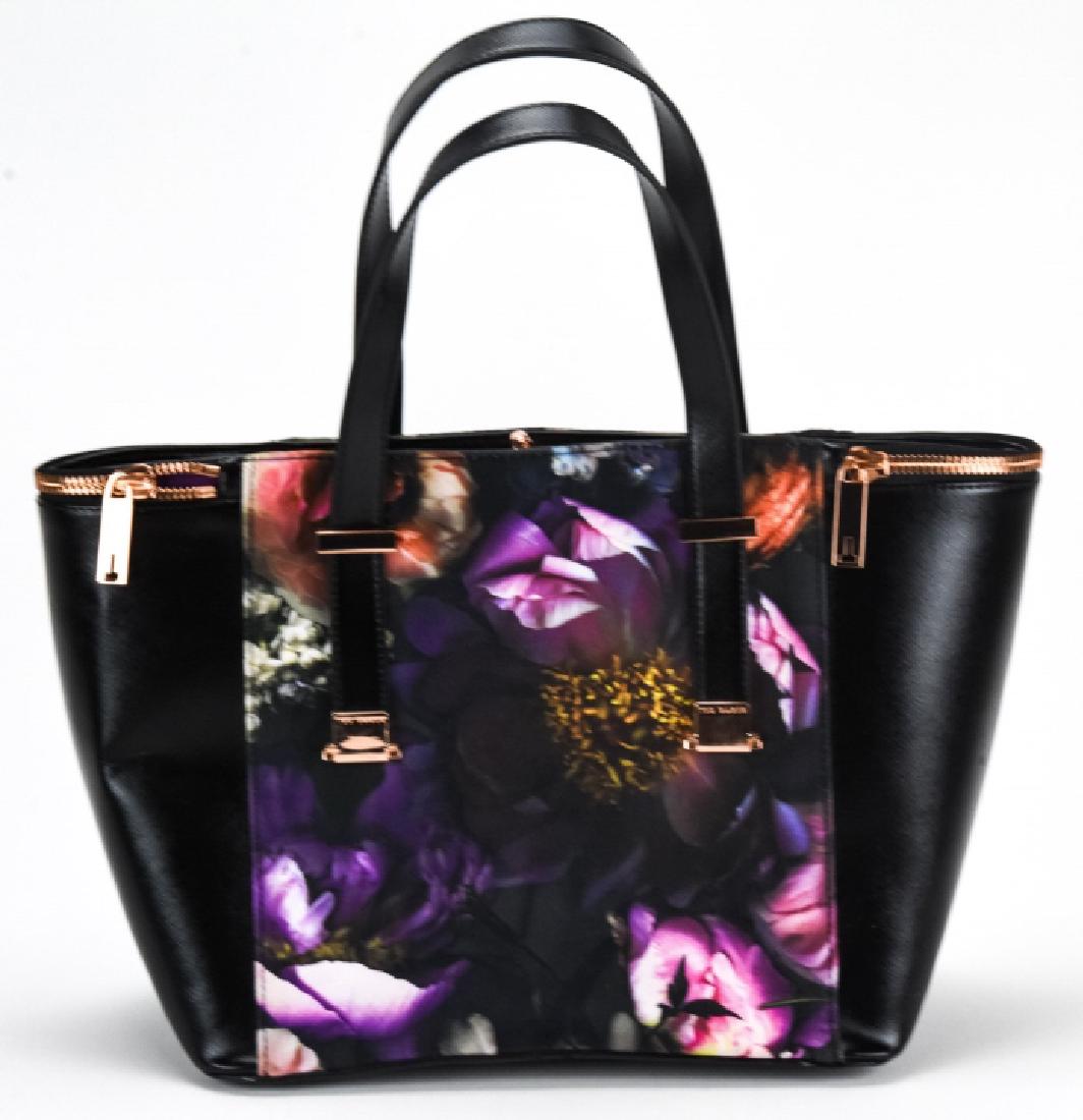Ted Baker Floral Patterned & Leather Handbag: Ted Baker Floral Patterned & Leather Handbag / Purse. Floral patterned vinyl with leather sides and straps by Ted Baker. Measures approximately 10 inches x 16 inches x 6 inches without straps. Propert