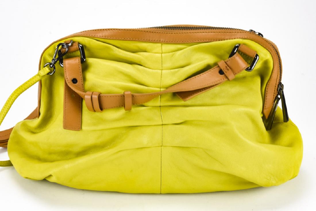 Halston Heritage Leather Handbag / Purse: Halston Heritage Leather Handbag / Purse. Chartreuse leather handbag by Halston Heritage. Measures approximately 11 inches x 16 inches x 4 inches without straps. Property of an Irvington, New York est