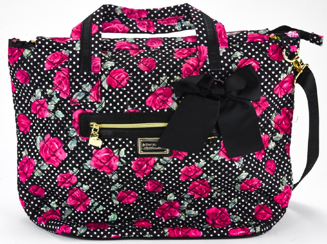Betsey Johnson Quilted Fabric Tote Bag: Betsey Johnson Quilted Fabric Tote Bag. Large tote bag in quilted floral pattern fabric by Betsey Johnson. Measures approximately 14 inches x 19 inches x 7.5 inches. Property of an Irvington, New York