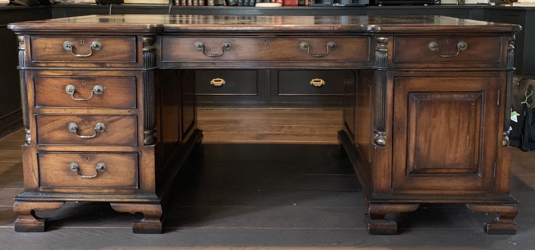English Embossed Leather Top Partner Desk: English Embossed Leather Top Partner Desk. Three piece English style desk with a leather embossed top and drawers / cabinets on both sides. 30.5 inches x 72 inches x 41 inches. Property of a Pound Rid