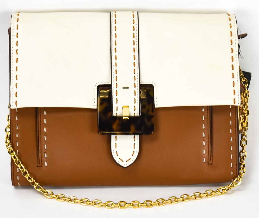 Lauren Ralph Lauren Heyworth Leather Shoulder Bag: Lauren Ralph Lauren Heyworth Leather Shoulder Bag / Purse. White and brown colored leather with exposed stitching and faux tortoise detail. Gold toned link chain strap. New with original tags. Origina