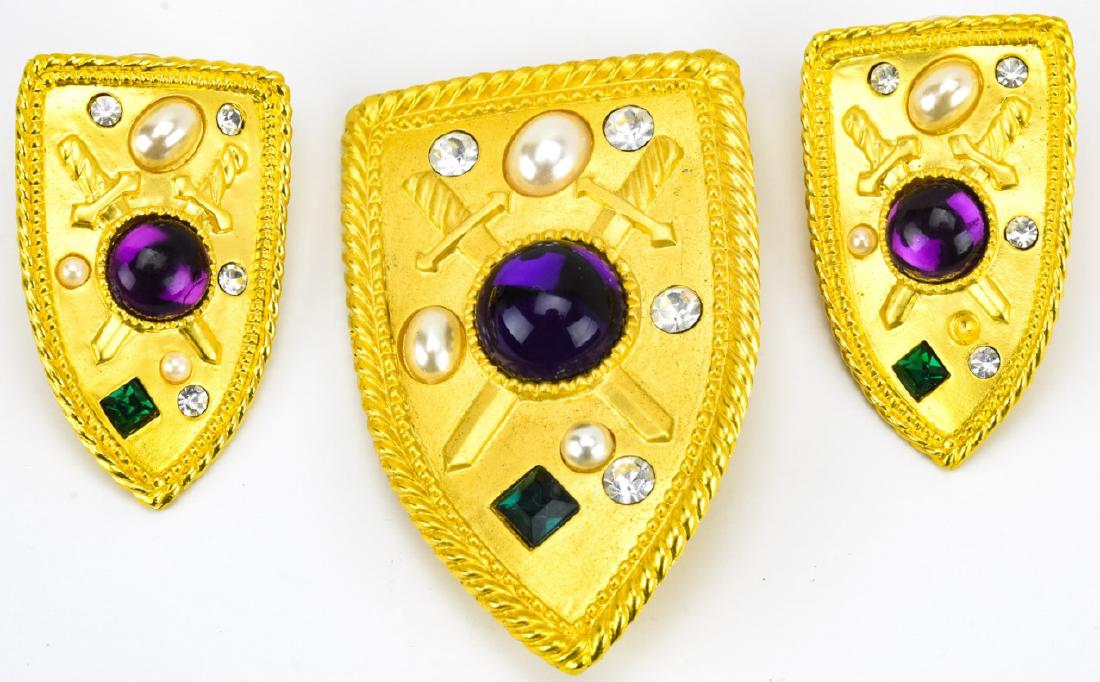 Vintage Brooch & Earrings Coat of Arms Jewelry Set: Vintage Brooch & Earrings Coat of Arms Jewelry Set. Pair of earrings and a large scale brooch by Parklane. Set with faux pearls, rhinestones and cabochon paste amethysts. Brooch measures 2.75 inches i