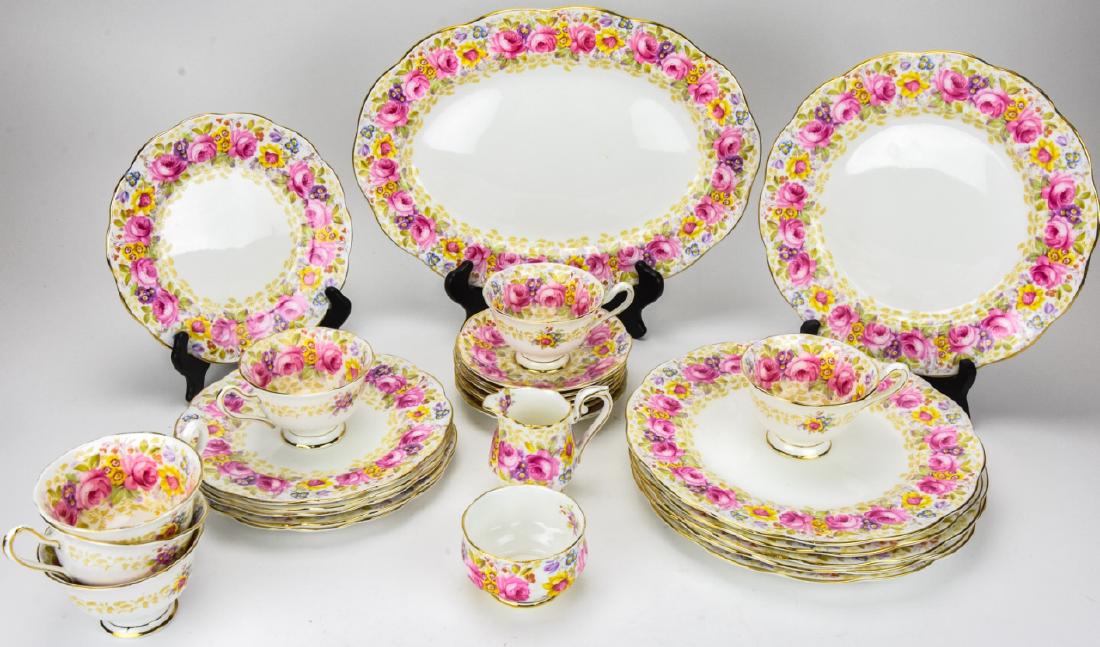 Royal Albert "Serena" Bone China Service for 6: Royal Albert "Serena" Bone China Service for 6. Royal Albert bone china dinner service in the pattern "Serena", with a pink floral motif. Includes 6 dinner plates, 6 salad plates, 6 saucers, 6 teacups