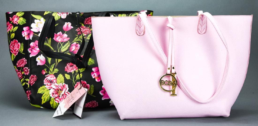 2 Pink & Floral Motif Tote Bags Incl Tabitha Webb: 2 Pink & Floral Motif Tote Bags Incl Tabitha Webb. This lot includes two tote bags, one new with tags. Larger features a floral pattern and is by Tabitha Webb. Measures 13 inches x 20 inches x 6 inche