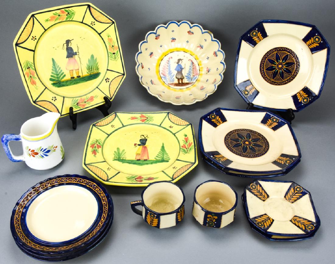 Collection of Antique Quimper Pottery Serveware: Collection of Antique Quimper Pottery Serveware. Incldues mixed patterns of antique Quimper pottery, each featuring hand painted motifs. Includes five dinner plates of varying sized, one serving bowl,