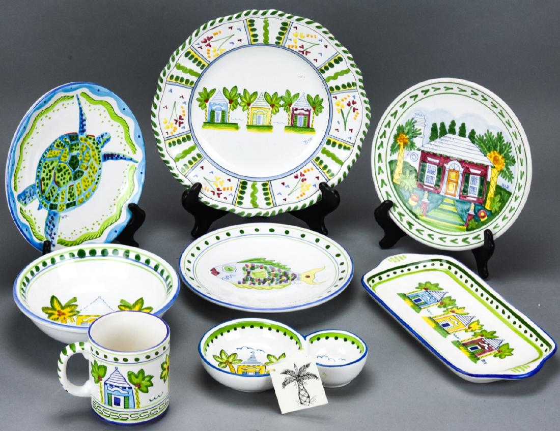 Lot Italian Pottery Serveware by Barbara Finsness: Lot Italian Pottery Serveware by Barbara Finsness. Collection of mixed motif Italian pottery with hand painted designs by Barbara Finsness. Largest plate measures 10 inches in diameter. Property of an
