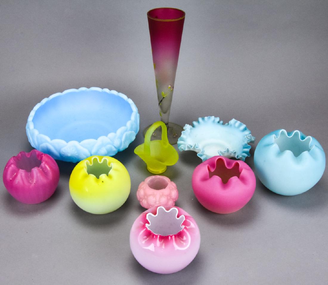 Lot of Satin Glass Centerpieces Including Fenton: Lot of Satin Glass Centerpieces Including Fenton. This lot includes mixed style vintage glass centerpieces and decorative objects, many satin and milk glass. Includes a satin glass centerpiece signed 