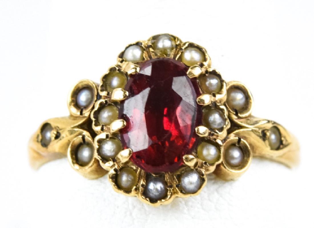 Antique 19th C 14kt Gold Garnet & Seed Pearl Ring (1 of 6)