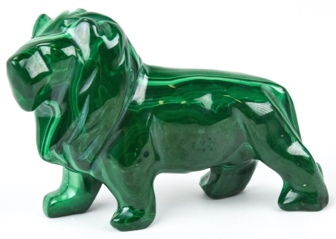Russian Hand Carved Malachite Male Lion Statue: Russian Hand Carved Malachite Male Lion Statue. Measures 2.5 inches in length.