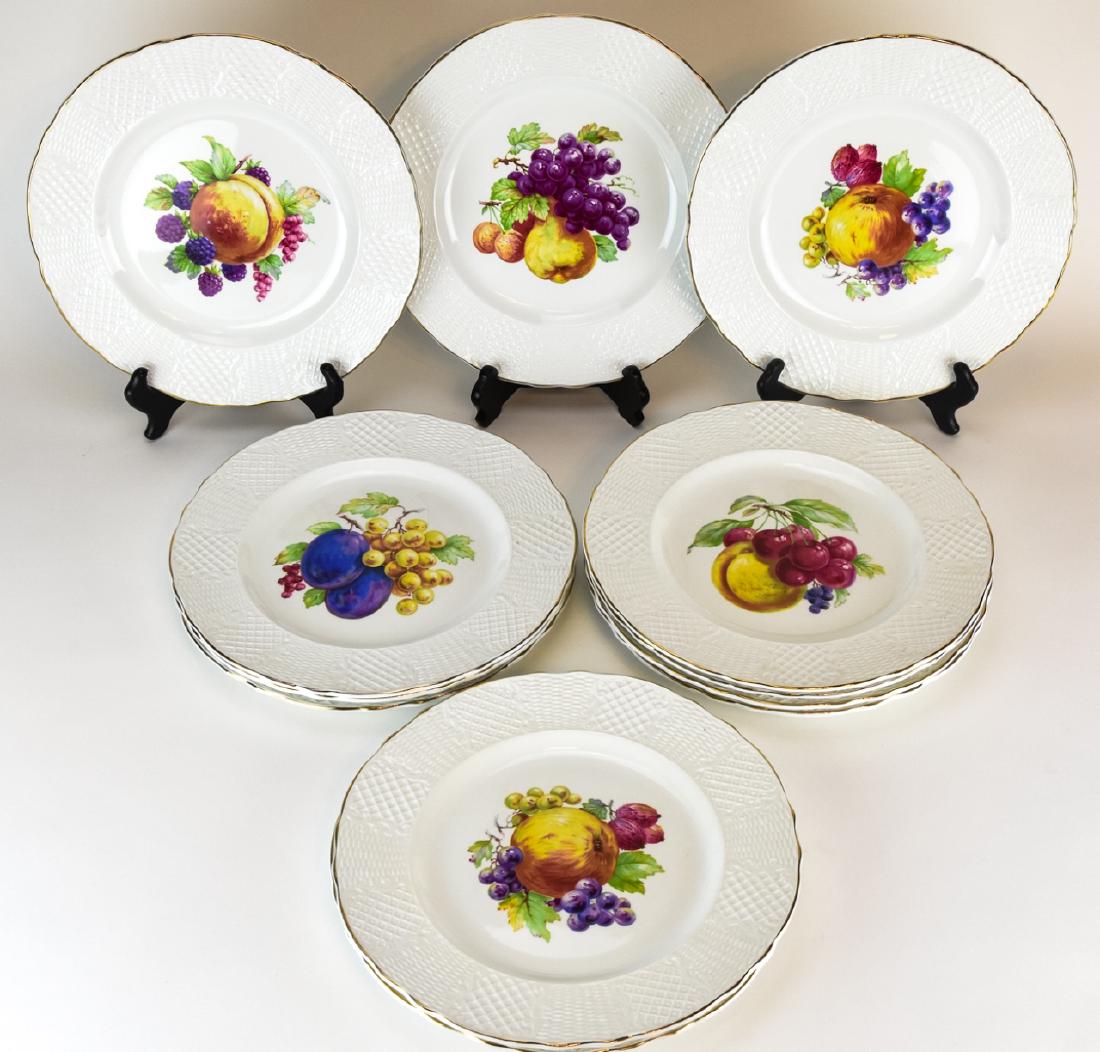 Marlborough Old English Ironstone Plates w Fruit: Marlborough Old English Ironstone Lunch Plates by Simpsons Potters Ltd. England with different Fruit Patterns. 10.5 inches in diameter. 12 plates.