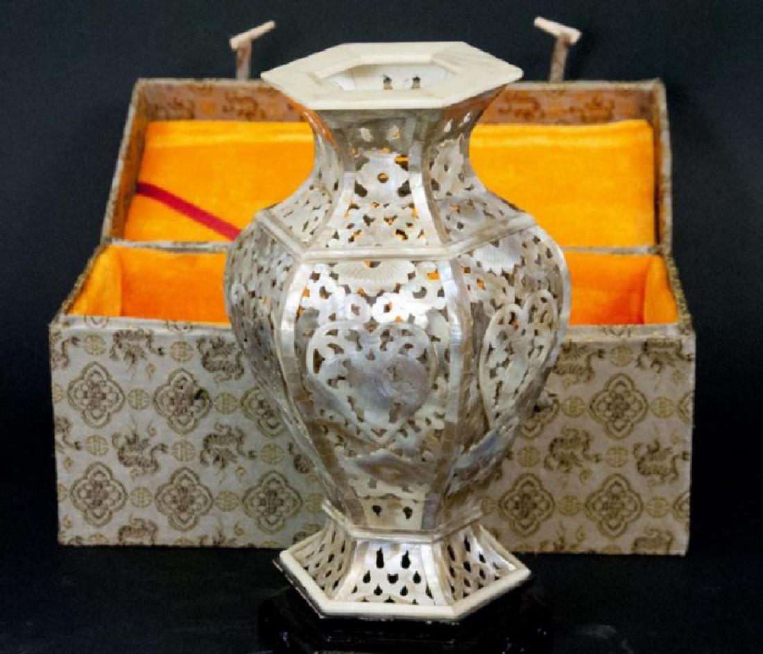 Chinese Hand Carved Shell Balustrade Form Vase (1 of 3)