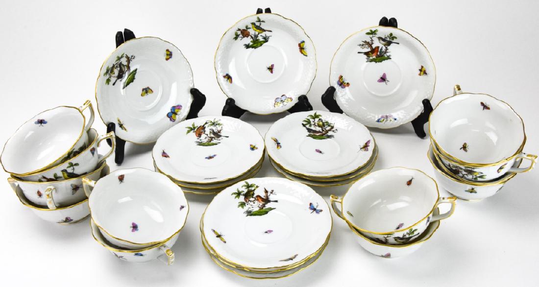 12 Herend Hungary Rothschild Tea Cups & Saucers: 12 Herend Hungary Rothschild Tea Cups & Saucers. Set of 12 porcelain tea cups and saucers by Herend Hungary in the Rothschild Bird pattern. Hand painted, marked on bottom. Saucers measure 5.75 inches 
