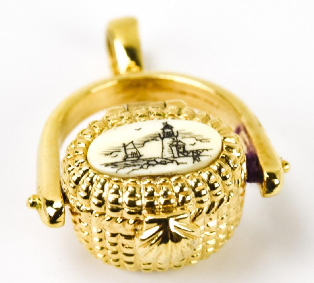 Vintage Gilt Nantucket Basket w Scrimshaw Pendant: Vintage Gilt Nantucket Basket w Scrimshaw Pendant. Opens. Measures nearly 1.25 inches in length.