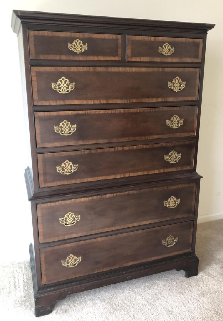 Vintage Chippendale Style Hickory Chest of Drawers: Vintage Chippendale Style Hickory Chest of Drawers. Chippendale highboy style chest of drawers. 7 banded drawers with detailed brass hardware. Crown molding. From the American Masterpiece Collection b