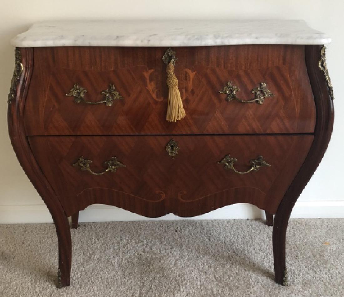 Marble Top French Bombe Marquetry & Ormolu Chest: Marble Top French Bombe Marquetry & Ormolu Chest with Marble Top. Chest has 2 drawers with keys and intricate marquetry inlaid diamond pattern on front and sides. Ormolu accents. 28 inches x 30 inches