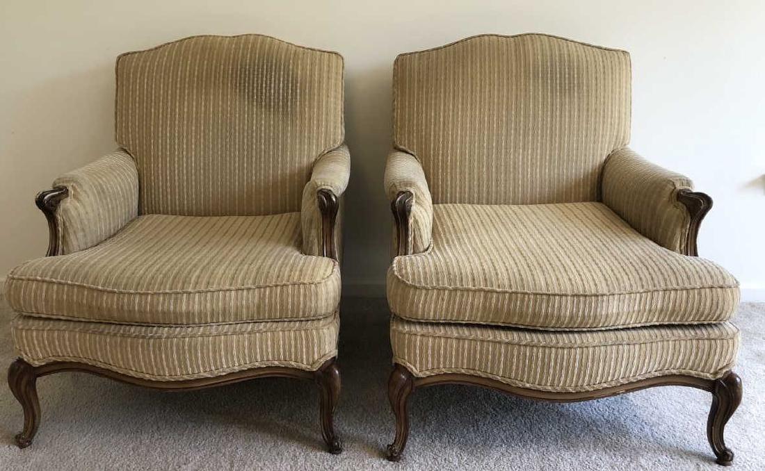 Pair Custom Bergere Style Club Chairs: Pair Custom Bergere Style Club Chairs. Upholstered club chairs with serpentine aprons and cabriolet legs. Velour upholstered. 36 inches x 30 inches x 37 inches