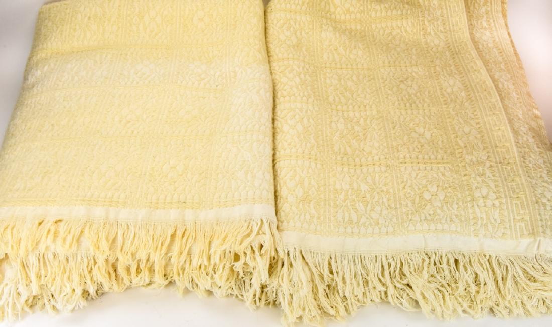 3 Hand Made Greek Wool Throw Blankets: 3 Hand Made Greek Wool Throw Blankets. Ivory colorway with fringe, textured floral design. Measures approximately 78 inches x 96 inches.