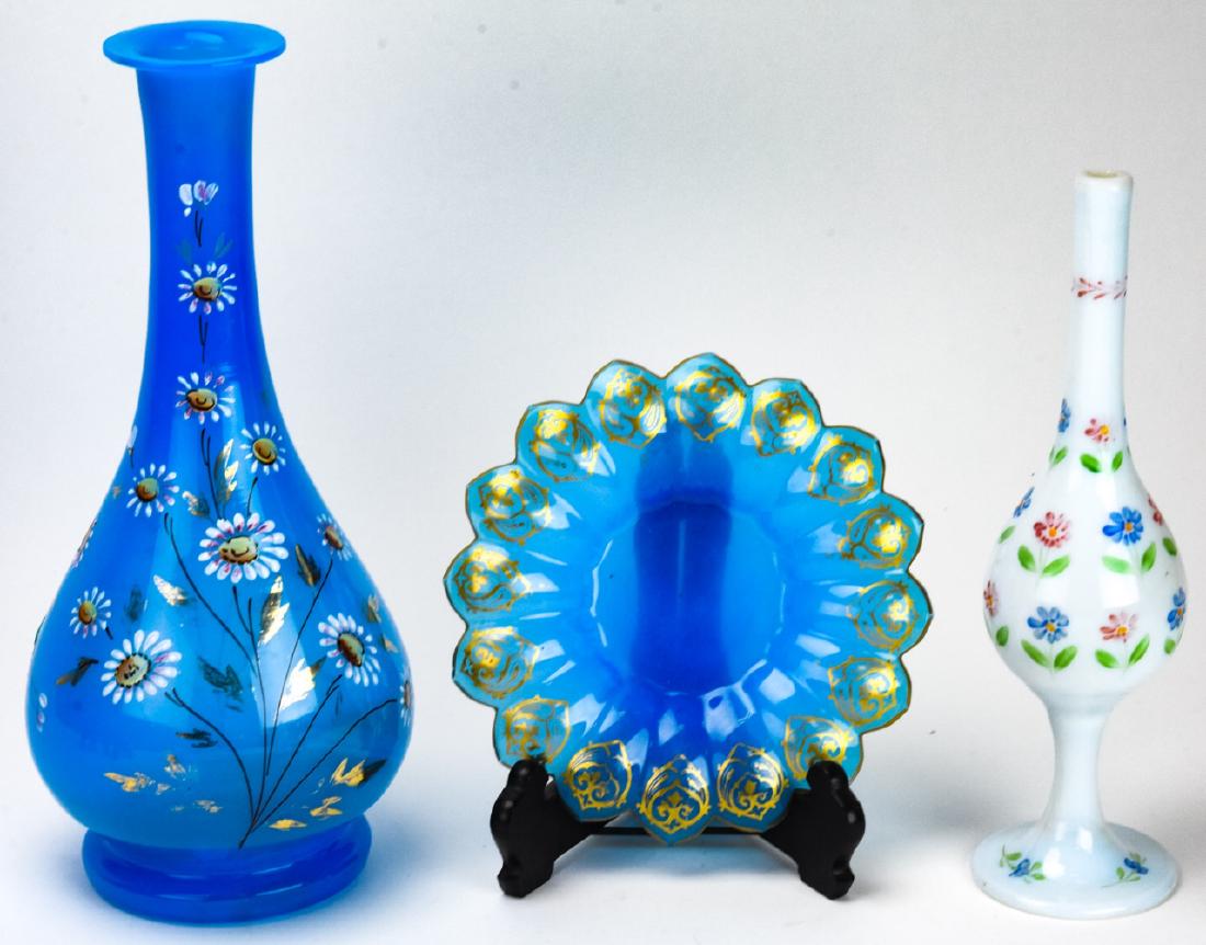 3 Antique Opaline Glass Decorative Objects: 3 Antique Opaline Glass Decorative Objects. Includes two vases and one trinket dish, each hand pained. Larger vase measures 12 inches x 5 inches in diameter.