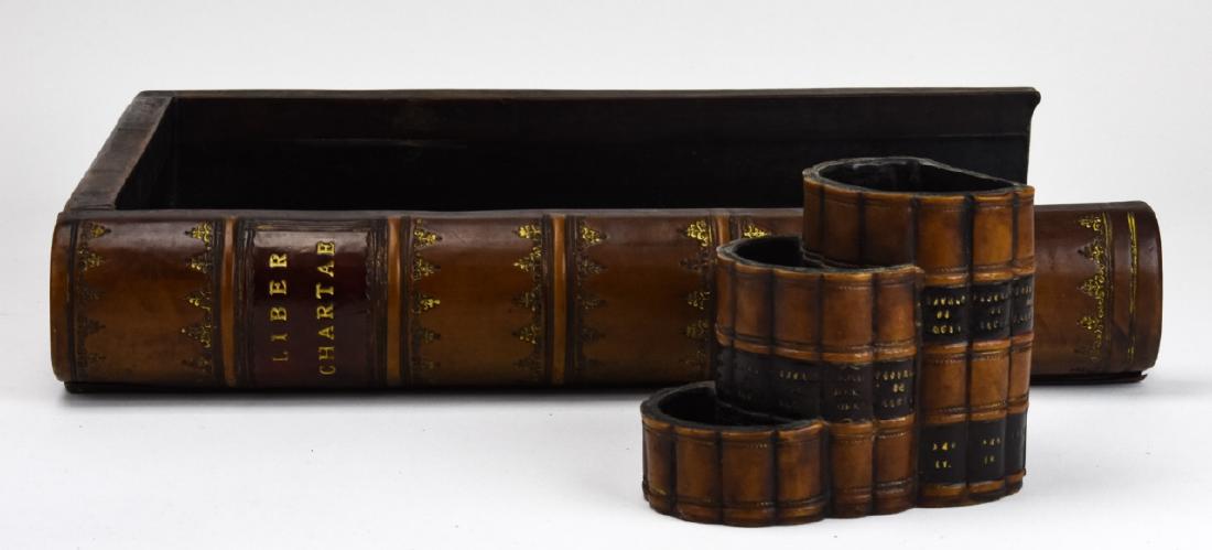 Faux Antique Leather Book Office / Desk Set: Faux Antique Leather Book Office / Desk Set. Paper holder and pen / pencil holder. Paper holder measures 10.5 x 15 inches.