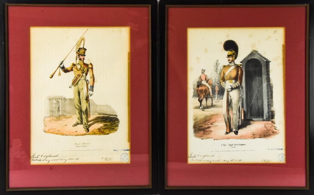 Antique 1830 English Hand Colored Military Prints: Pair of Antique 1830 English Hand Colored Military Prints. Marked Engelmann, Graf, Coindet & Co. Each framed. Each measures 18 x 14 inches. Each with hand written inscription.