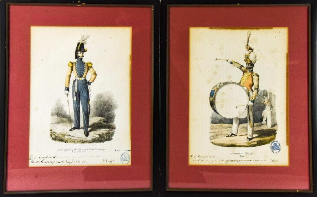 Pair of Antique 1830 English Hand Colored Military: Pair of Antique 1830 English Hand Colored Military Prints. Marked Engelmann, Graf, Coindet & Co. Each framed. Each measures 18 x 14 inches. Each with hand written inscription.