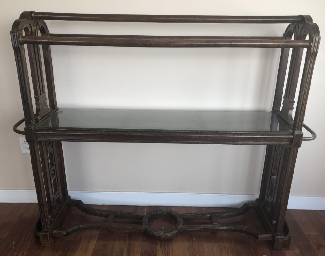 Edwardian Oversized Converted Quilt Rack / Console: Edwardian Oversized Converted Quilt Rack / Console. Edwardian oak quilt rack converted into a console with glass insert on middle shelf. Middle shelf is caned and has brass side rails. 50 inches x 54
