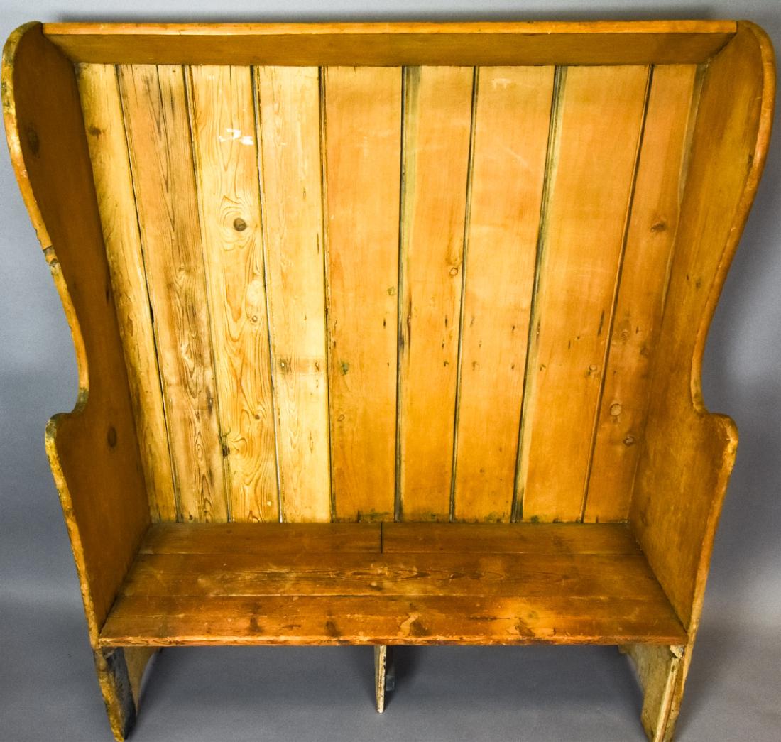Country Style Rustic Pine High Back Bench: Country Style Rustic Pine High Back Bench. Paneled wood pine high back bench. 58 inches x 46 inches x 16 inches.