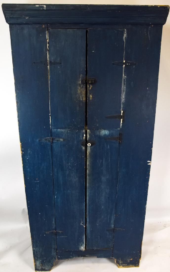 Country Style Rustic Painted Linen Press / Cabinet: Country Style Rustic Painted Linen Press / Cabinet. With interior shelving, painted blue. 73 inches x 33 inches x 17.25 inches.