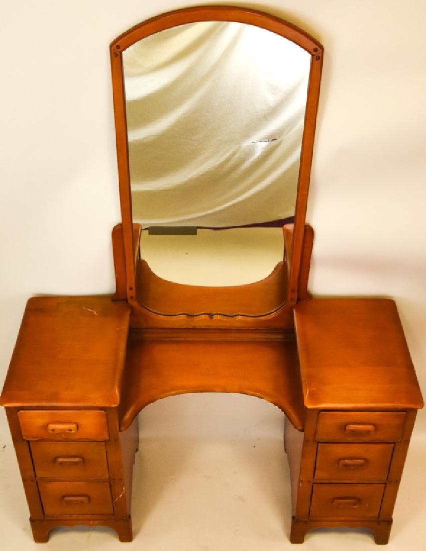 Mid Century Vanity With Mirror: Mid Century Vanity With Mirror. Vintage / mid century vanity table with six pull out drawers and an upper mirror. Measures approximately 54 inches x 47 inches x 18 inches.